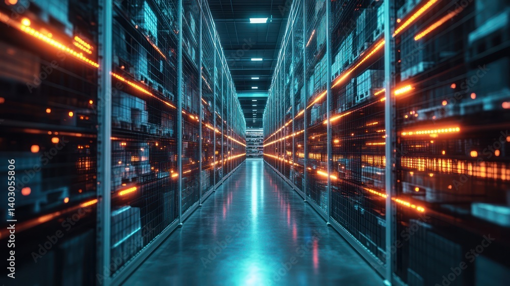 Data center servers glowing, aisle, network infrastructure, digital technology, processing Data center servers glowing, aisle, network infrastructure, digital technology, processing