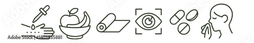 Set of icons: pipette, apple bowl, yoga mat, eye scan, pills, sneezing person.
