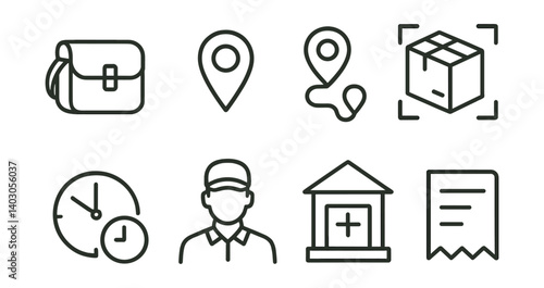 Set: Bag, location pin, route, package, clock, delivery person, building, receipt.