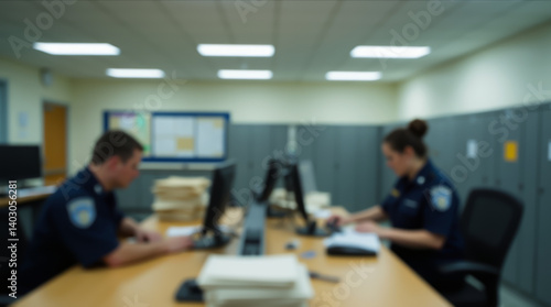 A blurry image of a police department's routine with paperwork and data analysis