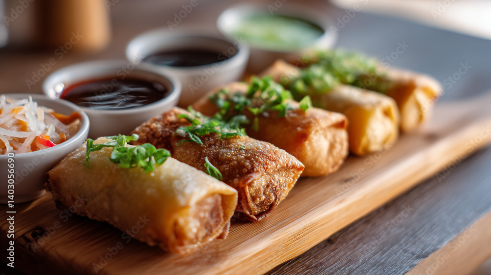 Delicious crispy spring rolls with dipping sauces on wooden board food photography style image Delicious crispy spring rolls with dipping sauces on wooden board food photography style image