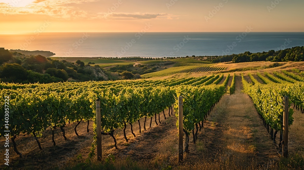 Fototapeta premium Vineyard Landscape at Sunset with Ocean View Green Rows