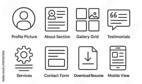 Set of icons: Profile Picture, About Section, Gallery Grid, Testimonial, Services, Contact Form, Download Resume, Mobile View.