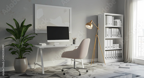 An empty home office scene. A white desk with a computer monitor, a light beige chair, and a tall, slender floor lamp with a gold-colored shade. A potted plant with large,