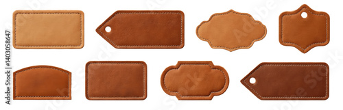 Leather Tags PNG, Brown Stitched Labels, Transparent Background.