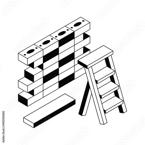 A captivating isometric style icon of brickwork with ladder