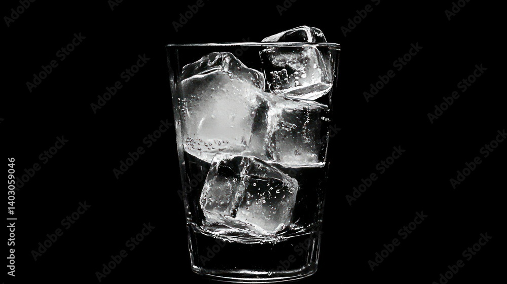 A glass filled with ice cubes against a stark black background A glass filled with ice cubes against a stark black background