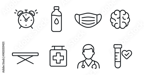 Set of icons: alarm clock, water bottle, face mask, brain, ironing board, medical box, doctor, test tube with heart.