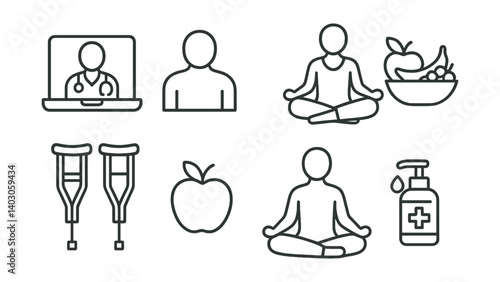 Set of icons: person on laptop, user profile, person meditating, bowl of fruit, crutches, apple, person in lotus position, medicine bottle.