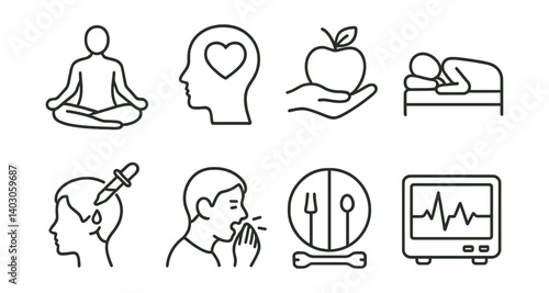 Set: Meditating person, head with heart, hand holding apple, person sleeping, acupuncture, person coughing, balanced diet, heart monitor.