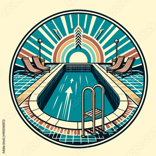 Stylish illustration of a swimming pool with loungers and rays, retro design, circular shape, copy space