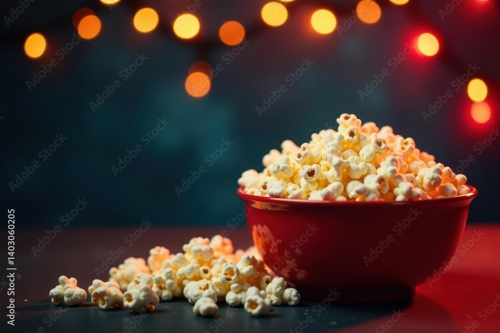 Red bowl overflowing with popcorn, twinkling lights Cozy Christmas movie night , salty, happy Red bowl overflowing with popcorn, twinkling lights Cozy Christmas movie night , salty, happy