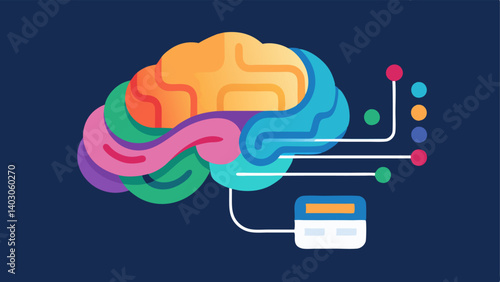Thought Activation A closeup of a human brain with colorful waves emanating from it connecting to a holographic screen that showcases virtual controls such as sliders and buttons.