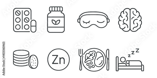 Set of icons: pills, supplement bottle, sleep mask, brain, mug, Zn symbol, bed with food, person sleeping in bed.