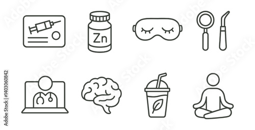 Set of icons: airplane ticket, jar with the word 'jam', sleep mask, spoon and knife, person on a laptop, brain, drink with a straw, person meditating.