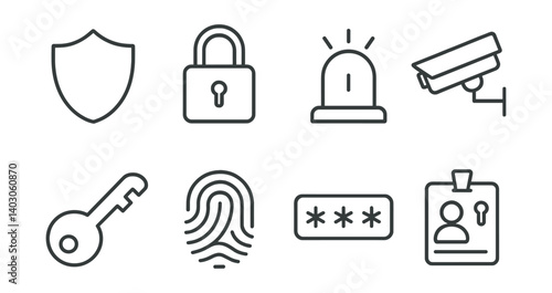 Set: Shield, padlock, alarm, CCTV camera, key, fingerprint, password, ID badge.