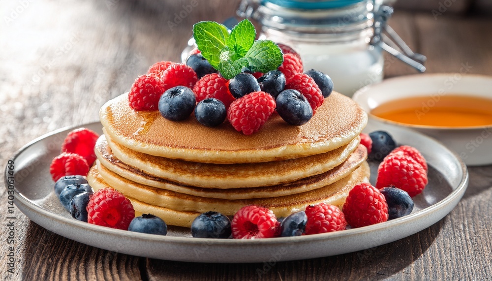 Stack of pancakes with fresh berries Stack of pancakes with fresh berries