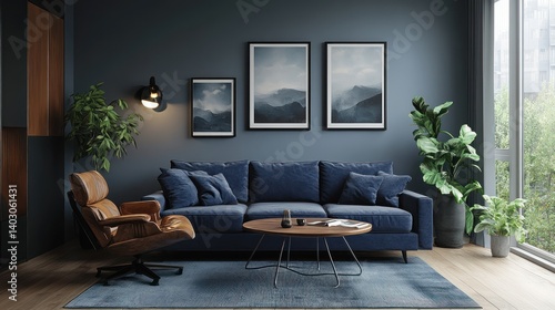 Modern blue living room  leather chair  cityscape view