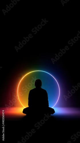 A silhouette of a person meditating, surrounded by a vibrant circular rainbow light against a dark background.