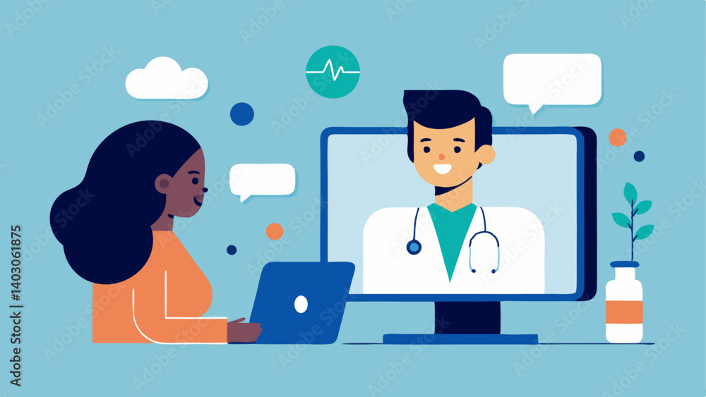 Telehealth Consultation A vector depicting a virtual consultation where a doctor and patient are interacting through a video call with AI diagnosing concerns based on uploaded Telehealth Consultation A vector depicting a virtual consultation where a doctor and patient are interacting through a video call with AI diagnosing concerns based on uploaded