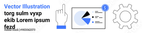 Cursor pointing at data chart with pie slice and dollar sign, text block, and gear element. Ideal for analytics, finance, teamwork, strategy, business plan, technology and simple landing page
