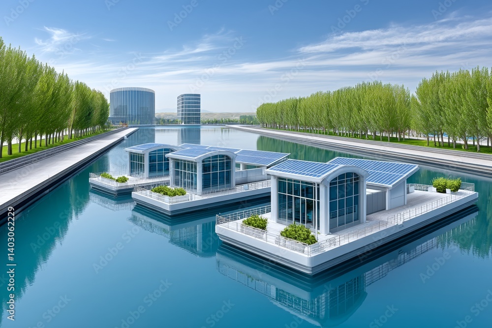 Fototapeta premium Floating solar farms connected to AI climate monitoring systems