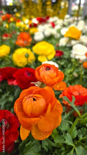 Vibrant orange ranunculus flowers in full bloom with a colorful background of red, yellow and white blossoms. Bright spring garden scene filled with lush green foliage and blooming buttercups.