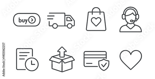 Set: Buy button, delivery truck, shopping bag with heart, customer service person, document with clock, open box with arrow, credit card with shield, heart.