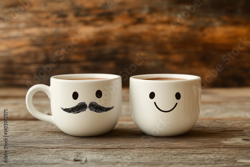 Happy father day concept two cups of coffee on wooden table and moustache 
