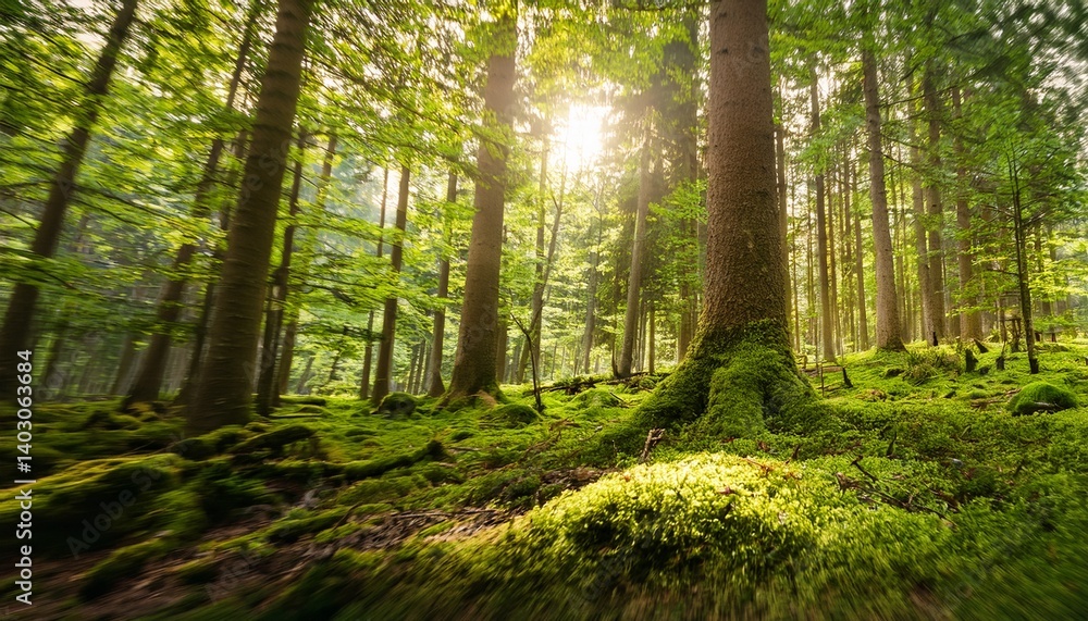 Fototapeta premium Dreamy scenery in a green forest a panoramic nature shot