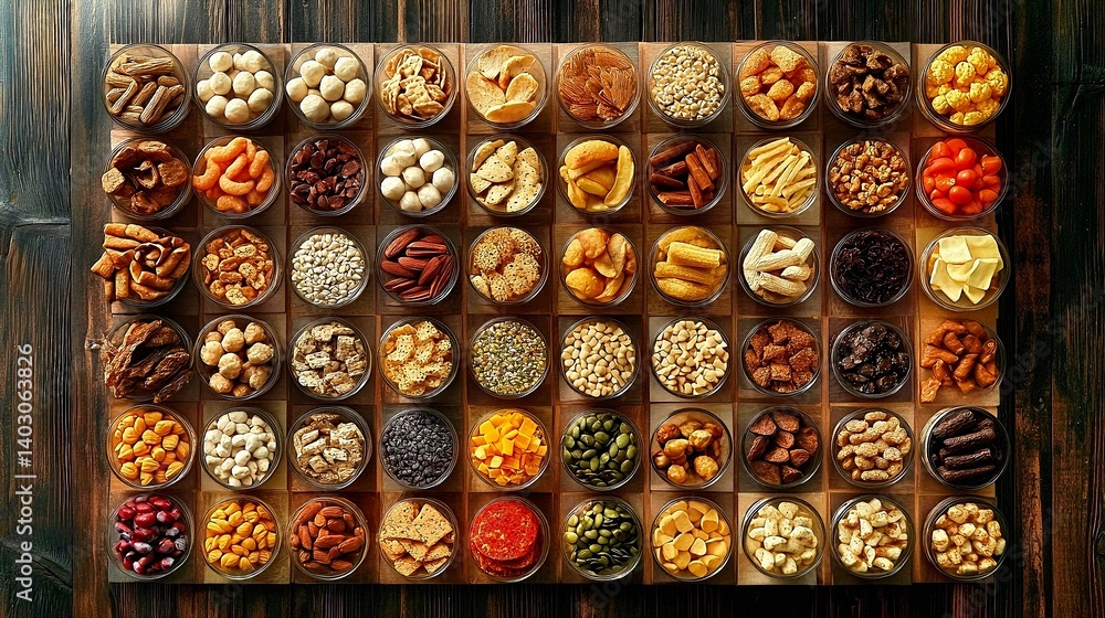 Fototapeta premium A Diverse Collection of Snacks: An Array of Nuts, Seeds, Dried Fruits, and Crisps.