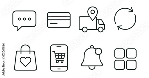 Set of icons: chat, credit card, delivery truck, refresh, shopping bag, phone, bell, grid.