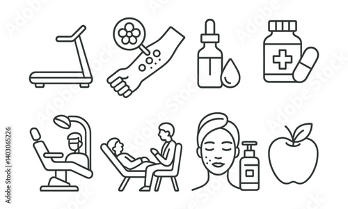 Set of treadmill, allergy test, dropper, medication, dentist, therapist, skincare, apple.