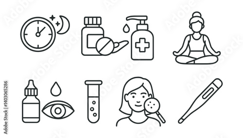 Set of icons: clock, pills, sanitizer, meditation, eye drops, test tube, face, thermometer.