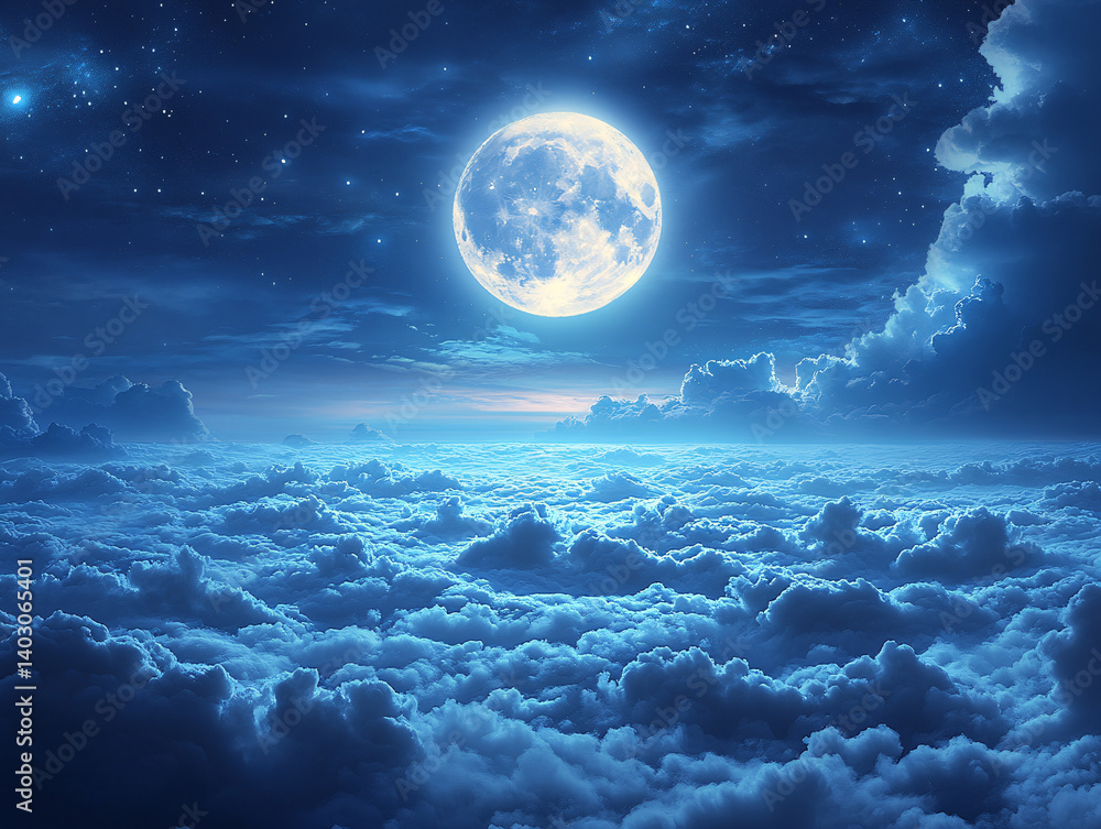 Fototapeta premium night scene with a full moon shining brightly in the sky, casting a blue glow over the ocean waves below. The clouds are illuminated by the moonlight