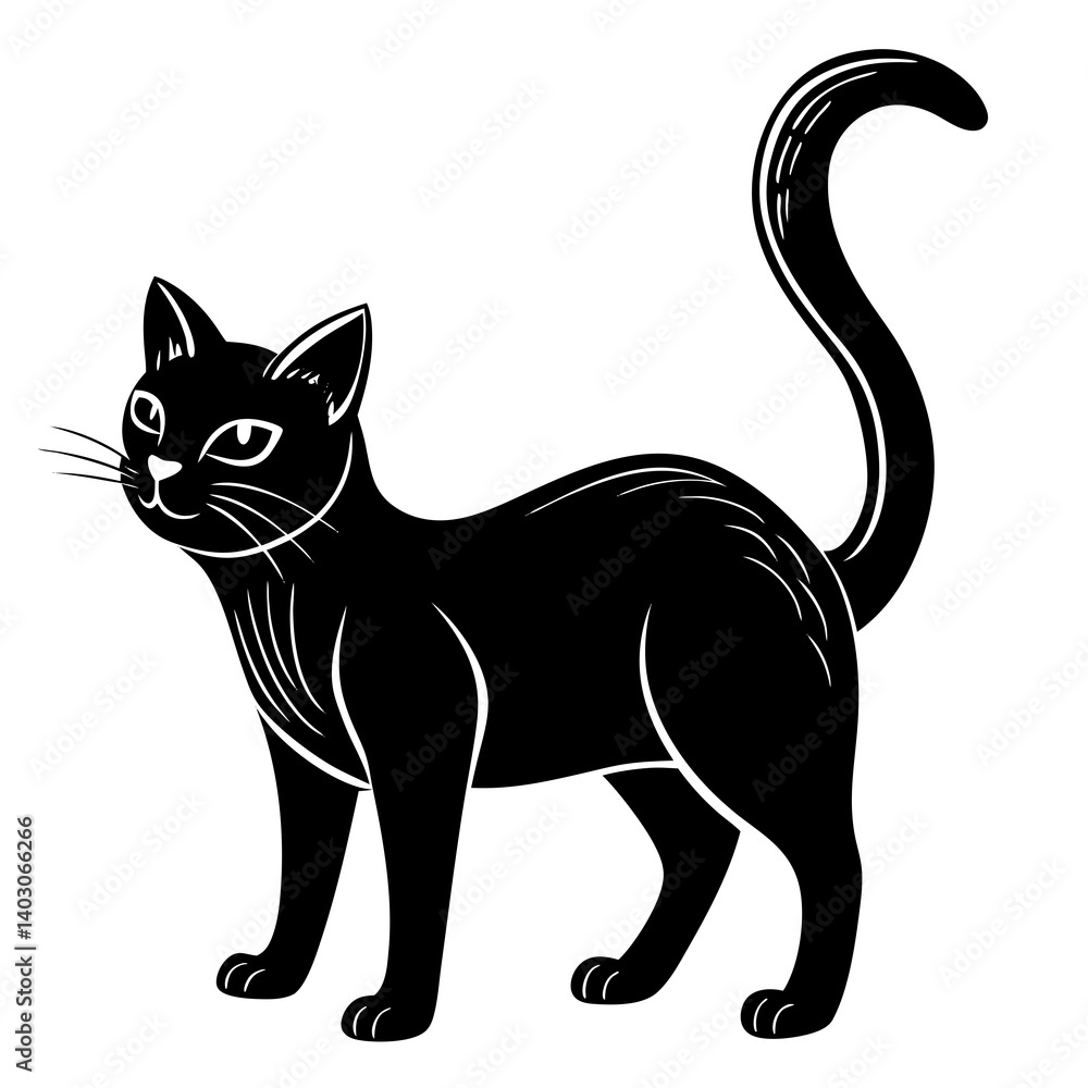 Obraz premium A black cat arching its back, vector silhouette on a white background