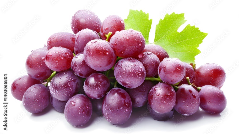 A bunch of fresh, red grapes with water droplets, glistening against a white background. A vibrant green leaf adds a touch of freshness. A bunch of fresh, red grapes with water droplets, glistening against a white background. A vibrant green leaf adds a touch of freshness.