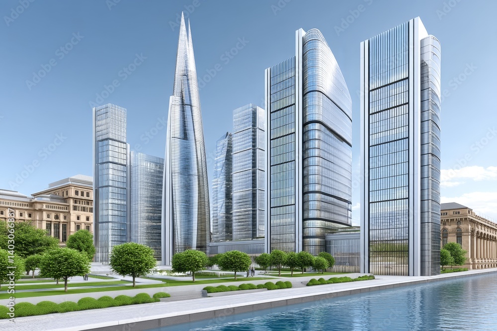 Obraz premium Urban skyline expanding with new high-rise buildings under development