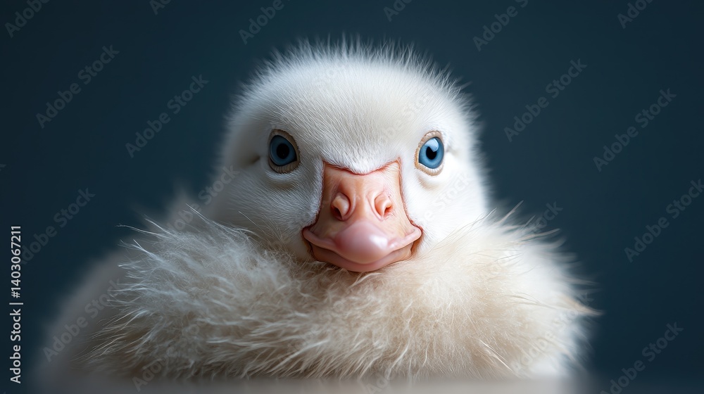 Encounter the charm of an adorable fluff-covered duckling smiling at the camera, showcasing its vibrant blue eyes and playful demeanor in a delightful close-up shot. Encounter the charm of an adorable fluff-covered duckling smiling at the camera, showcasing its vibrant blue eyes and playful demeanor in a delightful close-up shot.