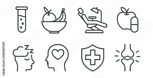 Set of icons: test tube, fruit bowl, dental chair, apple, pill, sleeping face, heart head, shield, joint pain.