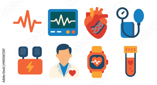 Set of medical icons: heartbeat, monitor, heart, sphygmomanometer, defibrillator, doctor, smartwatch, test tube.