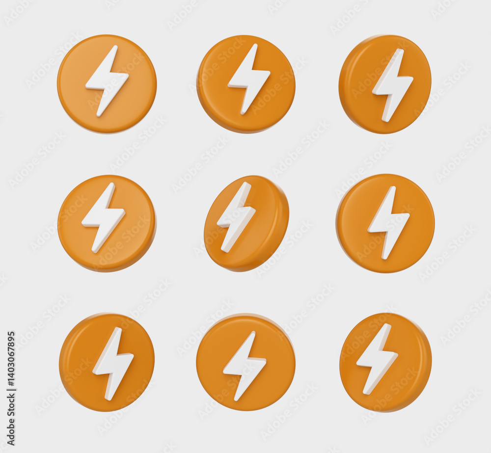 Orange icons with a white lightning bolt symbol, symbolizing energy, power and speed, 3d illustration Orange icons with a white lightning bolt symbol, symbolizing energy, power and speed, 3d illustration