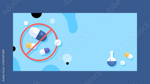 anti drug day banner. blue background with illustration of capsule drug with prohibition sign. prohibition to consume drugs or narcotics. prevent from dangerous drugs. ornament or decoration. element
