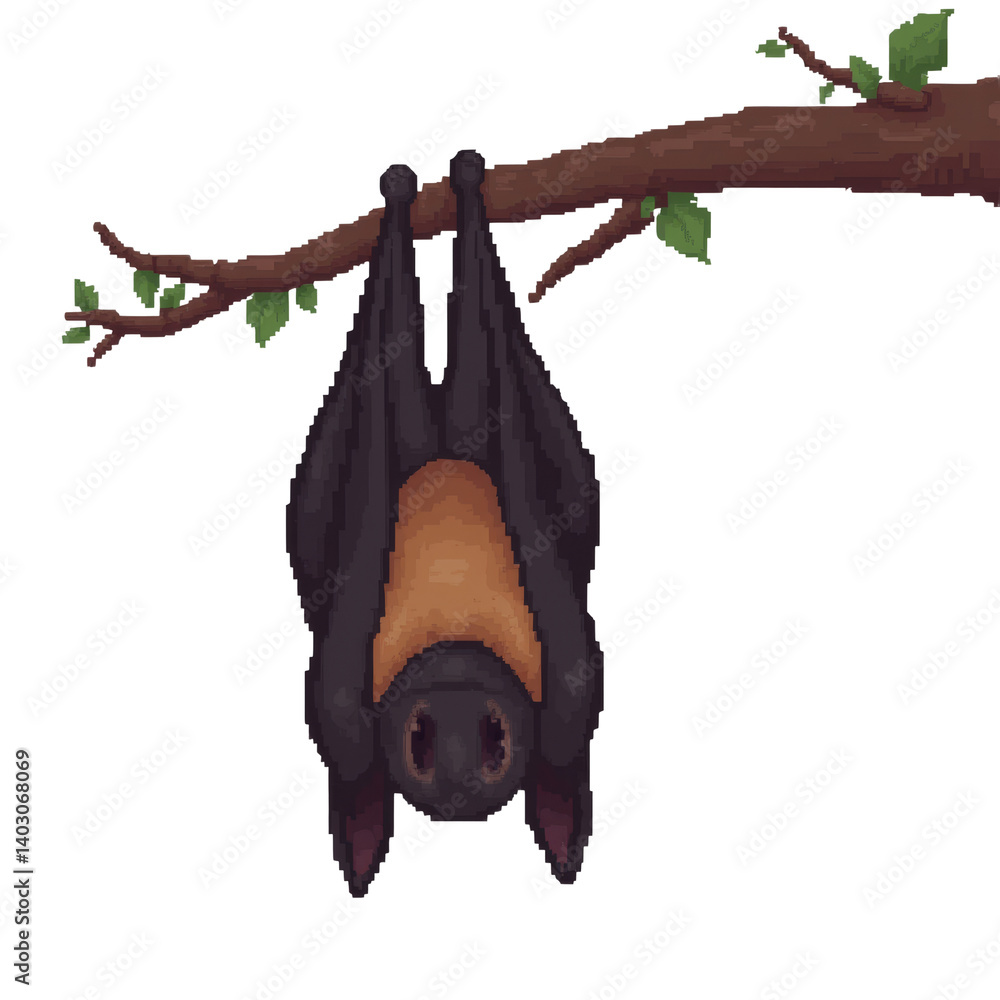 Fototapeta premium Pixel Art Bat Hanging Upside Down on Branch, transparent background
