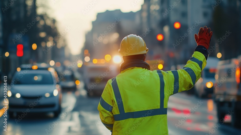 Obraz premium Traffic management officer directing vehicles at a roadwork site. Featuring control and efficiency