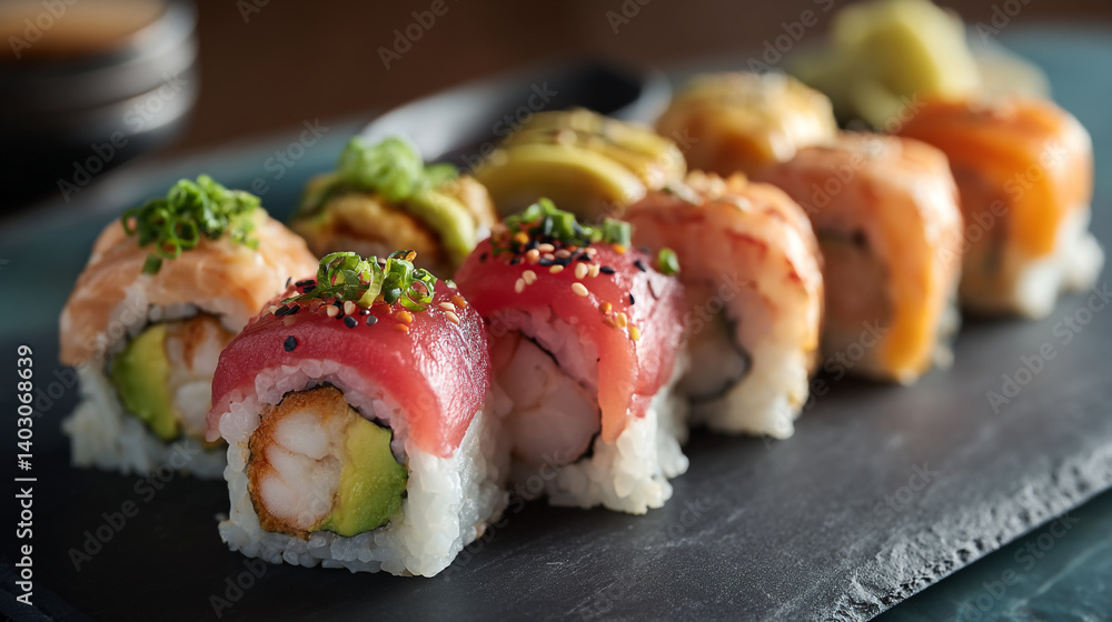 Delicious sushi roll platter with fresh tuna salmon avocado and rice for japanese cuisine lovers enjoy Delicious sushi roll platter with fresh tuna salmon avocado and rice for japanese cuisine lovers enjoy