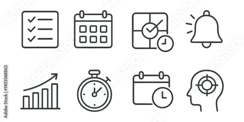Set of icons: checklist, calendar, target with dollar sign, bell, bar chart, stopwatch, calendar with clock, head with gear.