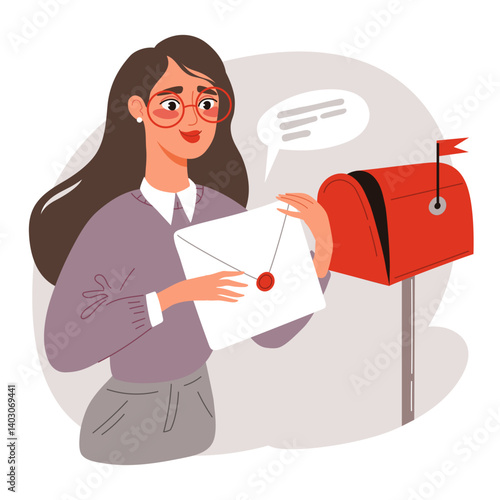 Woman getting letter and checking post box. Sending mail and post correspondence delivery. Getting messages and information concept. Flat vector illustration