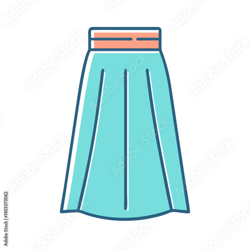A teal pleated maxi skirt with a light orange waistband fashion illustration
