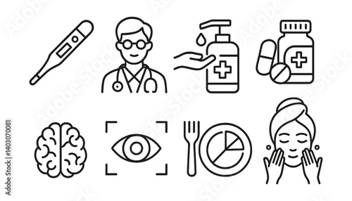 Set: thermometer, doctor, sanitizer, medicine, brain, eye, food, face care.